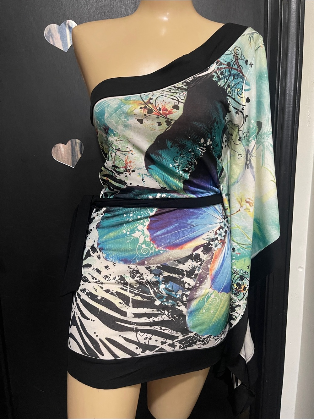 Body Central One-Shoulder Multicolor Butterfly Print Mini Dress/Tunic (M)See Pic